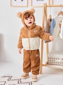 SHEIN 加厚立領寶寶男童外套褲套裝,冬季穿搭 - 卡其色 - 查看 3