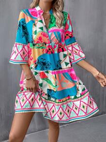 Breezaya Geo Print Flare Sleeve Ruffle Hem Smock Dress