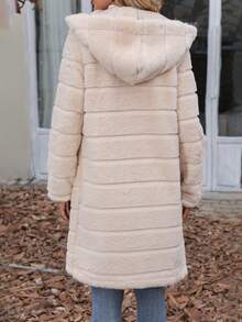 SHEIN Essnce Open Front Hooded Fuzzy Coat - Apricot - View 2