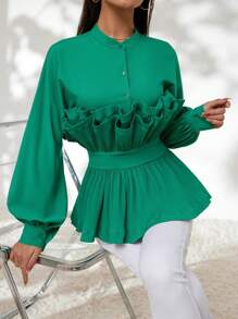 SHEIN Privé 優雅褶皺邊 荷葉邊 前紐扣純色女士襯衫 - 墨綠色 - 查看 1