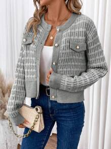 SHEIN Frenchy Tương phản ràng buộc Nút phía trước Chi tiết về Flap Áo len Mở - Màu xám đen - Xem 1