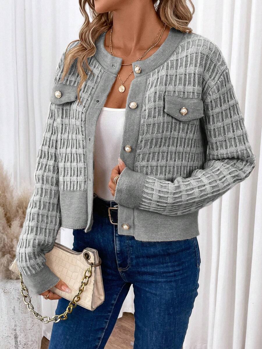 SHEIN Frenchy Tương phản ràng buộc Nút phía trước Chi tiết về Flap Áo len Mở - Màu xám đen - Xem 1