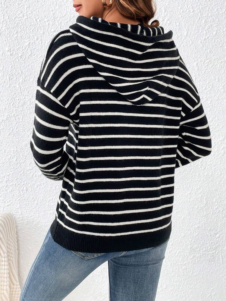 Striped Pattern Drop Shoulder Drawstring Hooded Knit Pullover Fall Winter Sweater