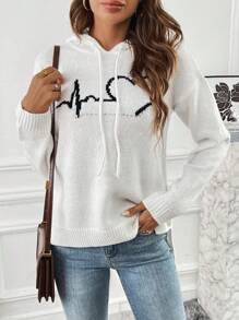 SHEIN LUNE Heart Pattern Drop Shoulder Drawstring Hooded Split Hem Sweater