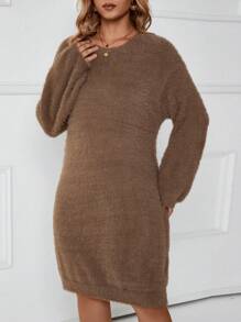 SHEIN LUNE 大碼落肩袖毛衣洋裝不附腰帶 - 駝色 - 查看 3