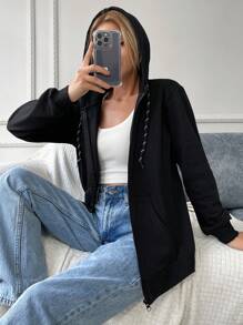 EURMUSE Zip Up Drop Shoulder Drawstring Hoodie - Black - View 4