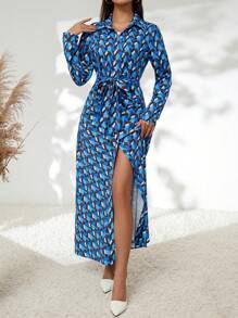 GENKIRA Allover Print Belted Shirt Dress - Multicolor - View 4