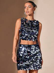 SHEIN BAE 女士亮片大裙，适合夜店派对 - 藍色 - 查看 5