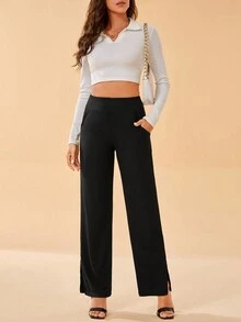 SHEIN Tall 素色斜口袋直筒褲 - 黑色 - 查看 4