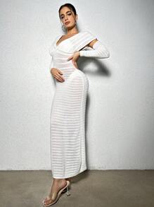 Zolique Solid Batwing Sleeve Sweater Dress With Arm Sleeves Fall Cloth For Women - White - View 5