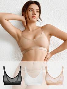 Ocili Leisure 3pcs Solid Sheer Mesh Bralette Lingerie - Multicolor - View 4