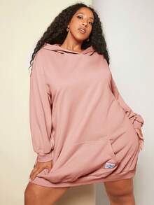 SHEIN CURVE+ 大碼字母貼布袋鼠口袋落肩袖連帽衛衣裙 - 藕粉色 - 查看 8