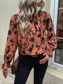 SHEIN LUNE In hoa Cà vạt tay áo lá sen Áo sơ mi - Màu Cam san hô - Xem 3