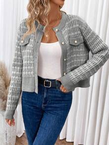 SHEIN Frenchy Tương phản ràng buộc Nút phía trước Chi tiết về Flap Áo len Mở - Màu xám đen - Xem 4