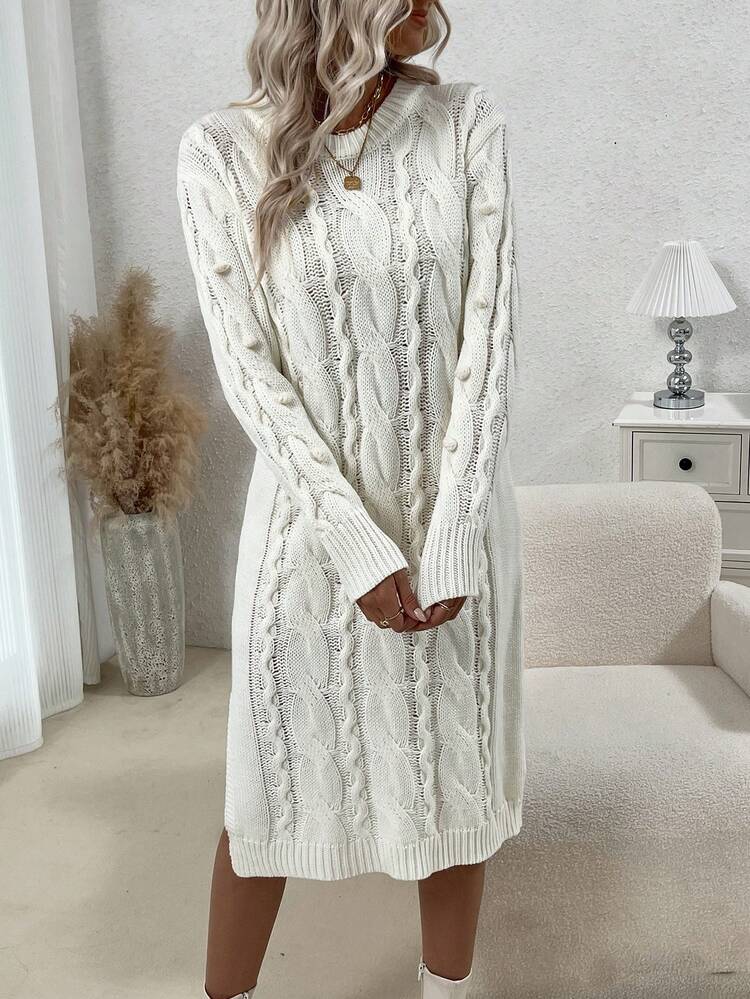 Cable Knit Round Neck Sweater Dress Without Belt Fall Cloth For Women