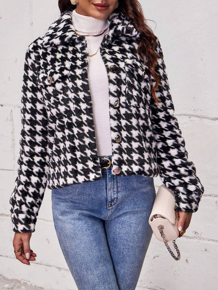Houndstooth Print Flap Pocket Jacket Fall Cloth For Women
