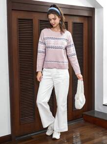 SHEIN EZwear Mẫu Geo Thả vai Áo len - Hồng - Xem 5