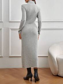 Chiquease Turtleneck Cross Wrap Front Split Thigh Ribbed Knit Dress - Khaki - View 2