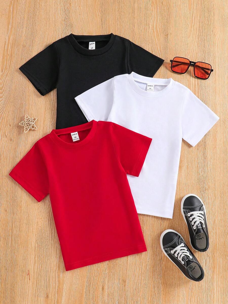 SHEIN Young Boy 3pcs Solid Round Neck Tee, School, Campus, College - Multicolor - View 1