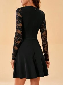 SHEIN Tall 女士拼接蕾絲長袖連衣裙 - 黑色 - 查看 2