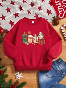 SHEIN Cô gái Tween 1 Miếng In Giáng sinh Lót nhiệt Áo chui đầu - Đỏ - Xem 1