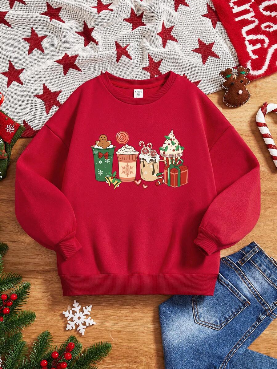 SHEIN Cô gái Tween 1 Miếng In Giáng sinh Lót nhiệt Áo chui đầu - Đỏ - Xem 1