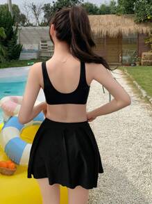 DAZY Solid High Waist Tankini For Summer Beach Vacation - Black - View 2