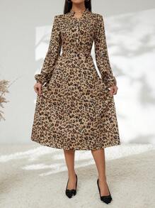 GENKIRA In hoa Báo Cổ chữ V Tay áo lồng đèn Đầm - Nhiều màu - Xem 3