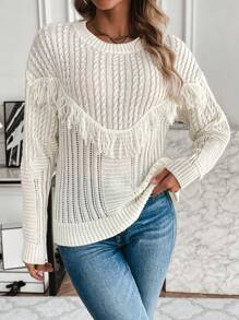 Chiquease Fringe Trim Drop Shoulder Sweater Knit Pullover Fall Winter Outfit