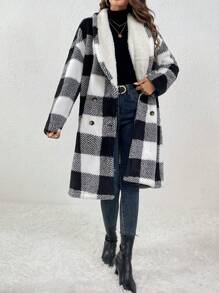 SHEIN Frenchy Buffalo Plaid Print Drop Shoulder Teddy Coat - Black and White - View 6