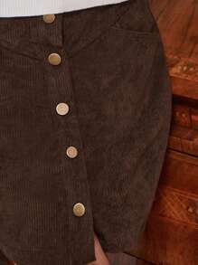 SHEIN Frenchy Button Front Corduroy Skirt Winter Brown Brown Casual - Chocolate Brown - View 4