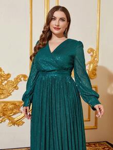 Faeriesty Đầm dạ hội tay đèn lồng cổ tròn đính sequin - Màu xanh lá cây đậm - Xem 5