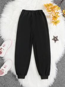 SHEIN 女大童字母貼布加絨內裏衛褲 - 西瓜粉 - 查看 2
