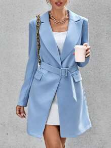 SHEIN Privé 戧駁領腰帶西裝外套 - 淺藍色 - 查看 1