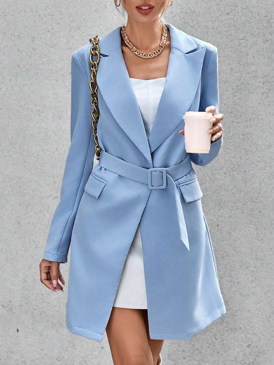 SHEIN Privé 戧駁領腰帶西裝外套 - 淺藍色 - 查看 1