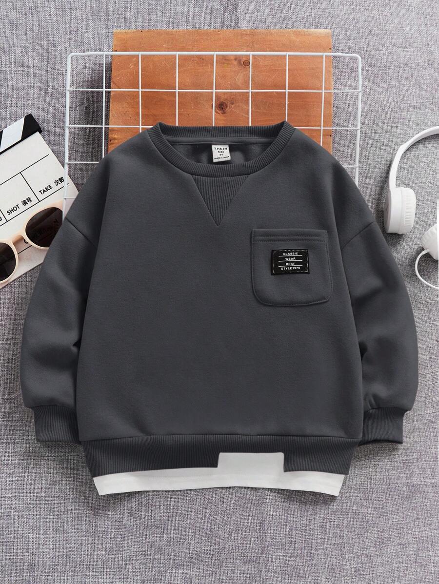 SHEIN 男小童字母補丁細節前口袋二合一套頭衫 - 彩色 - 查看 1