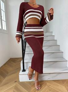 Zolique Streifen Muster, Drop Shoulder Crop Pullover mit & Strick Rock mit - Verschiedenfarbig - Übersicht 3