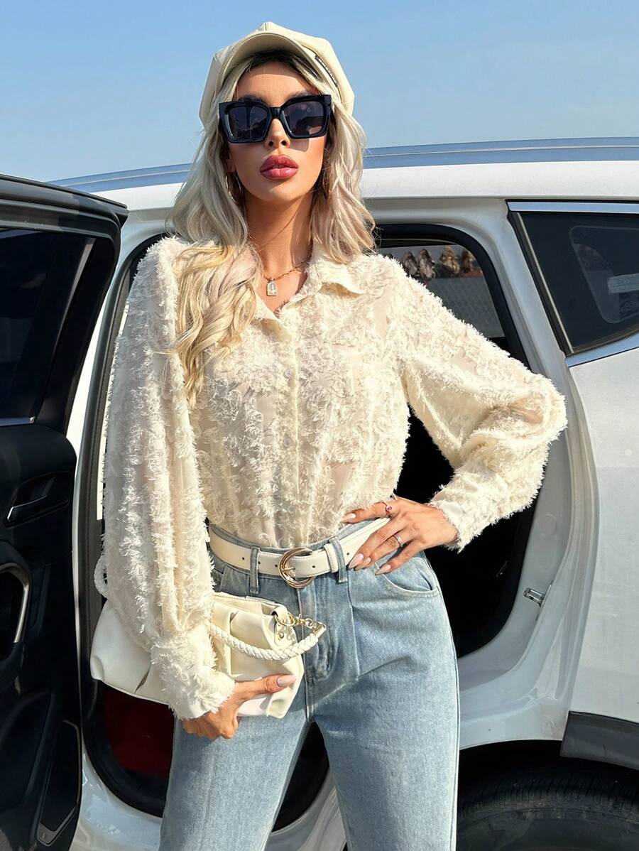 SHEIN Privé Camisa unicolor con botón delantero - Albaricoque - Ver 1