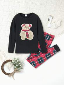 青少年女孩熊印花修身短袖上衣和方格褲裝睡衣套裝 - 彩色 - 查看 1