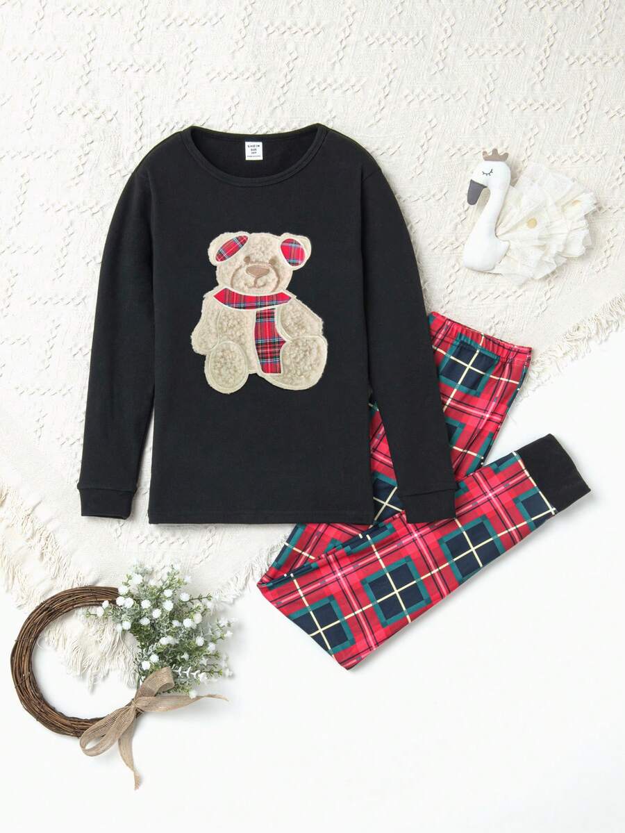 青少年女孩熊印花修身短袖上衣和方格褲裝睡衣套裝 - 彩色 - 查看 1