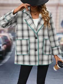 SHEIN LUNE Abrigo con estampado de cuadros con doble bolsillo unido en contraste - Verde - Ver 5
