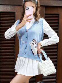 SHEIN EZwear Mô hình Cartoon Nút phía trước Áo len vest Không có áo lót - Màu xanh lam - Xem 3