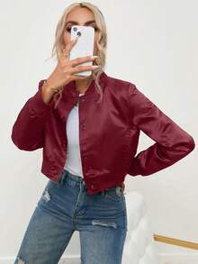 SHEIN Essnce Cazadora tipo bomber unicolor con botón crop - Burdeos - Ver 4