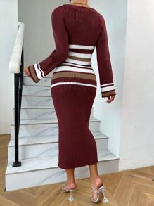 Zolique Streifen Muster, Drop Shoulder Crop Pullover mit & Strick Rock mit - Verschiedenfarbig - Übersicht 2