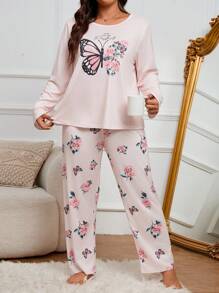Plus Size Butterfly Printed Top & Pants Pajama Set, Fall Winter Clothes, Cozy Outfit - Multicolor - View 4