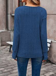 EMERY ROSE Chất rắn Cổ v Áo thun - Màu xanh lam - Xem 2