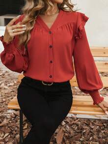 Chiquease Viền Ruffle Nút phía trước Tay áo lồng đèn Áo sơ mi - Màu Đỏ Sâu - Xem 3