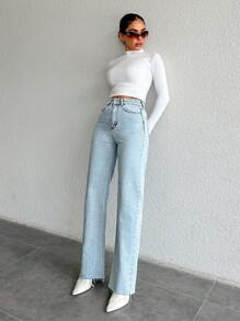 EURMUSE High Waist Straight Leg Jeans - Blue - View 3