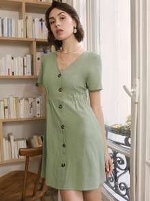 SHEIN Frenchy Button Front Solid Dress Summer Green Casual Christmas - Mint Green - View 3