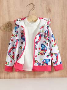SHEIN Kleines Mädchen Jacke mit All Over Print Reißverschluss, Thermal Futter, Kapuze, ohne Pullover